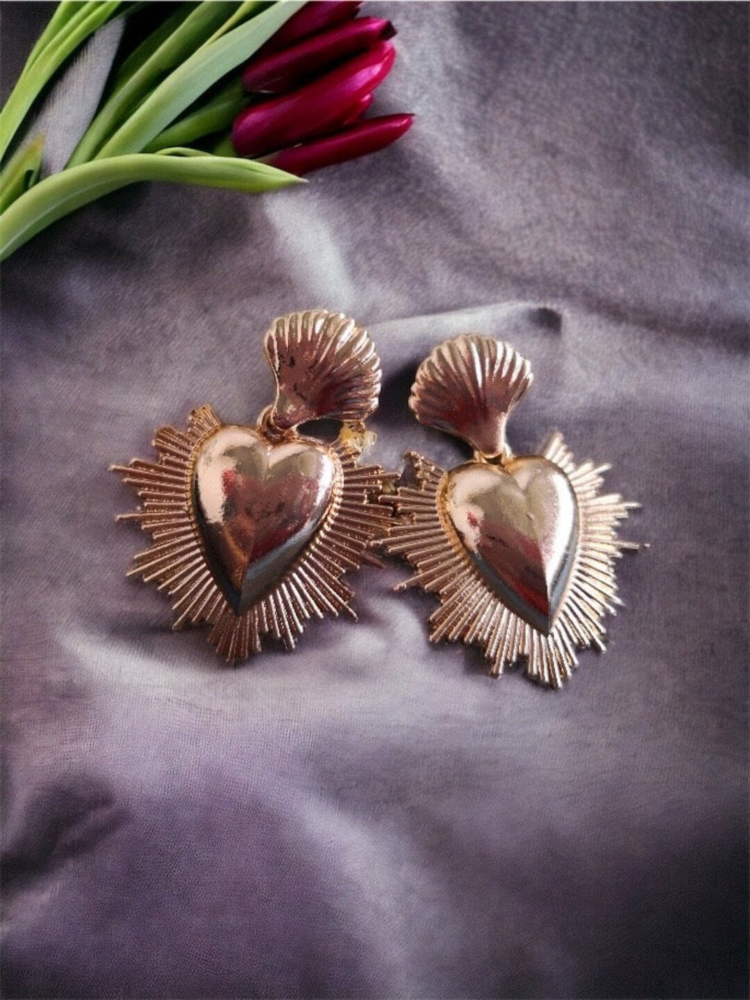 Gold Earring Gold Heart Jesus Ex Voto Saint Jacque Sacred Shell Saint ...