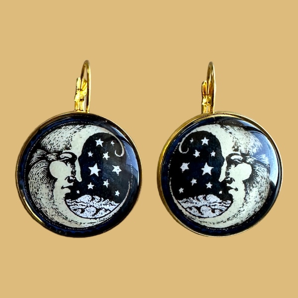 Boucle d’oreille doré or cabochon camée lune vintage