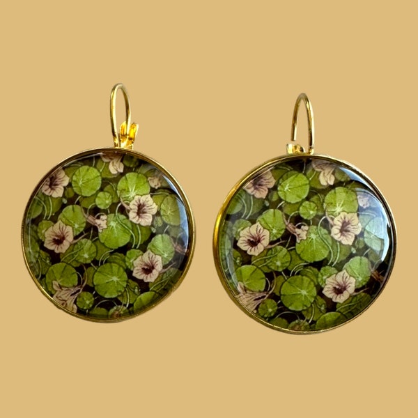 Boucle d’oreille doré or cabochon camée fleur vintage vert