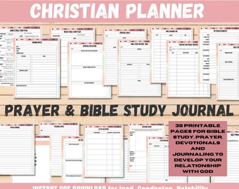 May include: A printable Christian planner with 38 pages for Bible study, prayer, devotionals, and journaling. The planner has a pink and white color scheme and features the text "Christian Planner" and "Prayer & Bible Study Journal".
