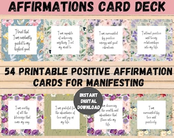 Baraja de cartas de afirmación positiva, Tarjetas para la ley de atracción, Imprimibles de tablero de visión, Imprimibles de cuidado personal, tarjetas de descarga digital