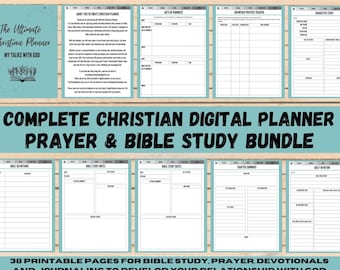 May include: A digital planner for Christian prayer and Bible study. The planner includes 38 printable pages for Bible study, prayer, devotionals, and journaling to develop your relationship with God. The planner has a teal and gray color scheme.