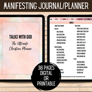 May include: A digital planner with a pink and white watercolor background. The planner is titled "Talks with God: The Ultimate Christian Planner". The cover also includes the text "38 Pages Digital or Printable".