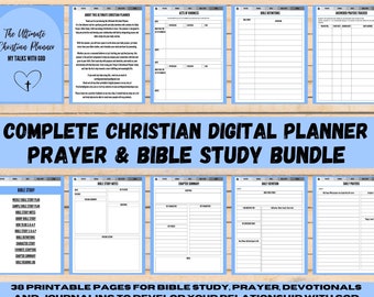 May include: A digital planner for Christian prayer and Bible study. The planner has 38 printable pages with a blue and gray color scheme. The text on the cover reads "The Ultimate Christian Planner My Talks With God" and "Complete Christian Digital Planner Prayer & Bible Study Bundle".