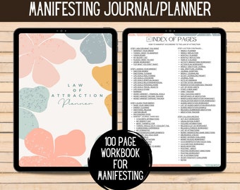 May include: A digital planner with a pink and blue floral design. The planner is titled "Law of Attraction Planner" and includes a 100-page workbook for manifesting. The index of pages lists various topics related to manifesting, including setting goals, affirmations, and meditation.