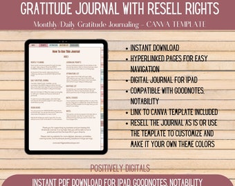 Resellable Digital Gratitude Journal, Daily Gratitude Journal Canva Template, Gratitude Journal Commercial Rights