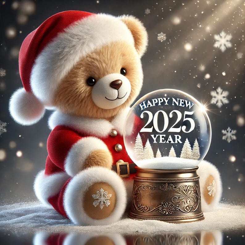 Happy New Year 2025 Digital Card Cute Teddy Bear Greeting, Festive Holiday Printable, Instant