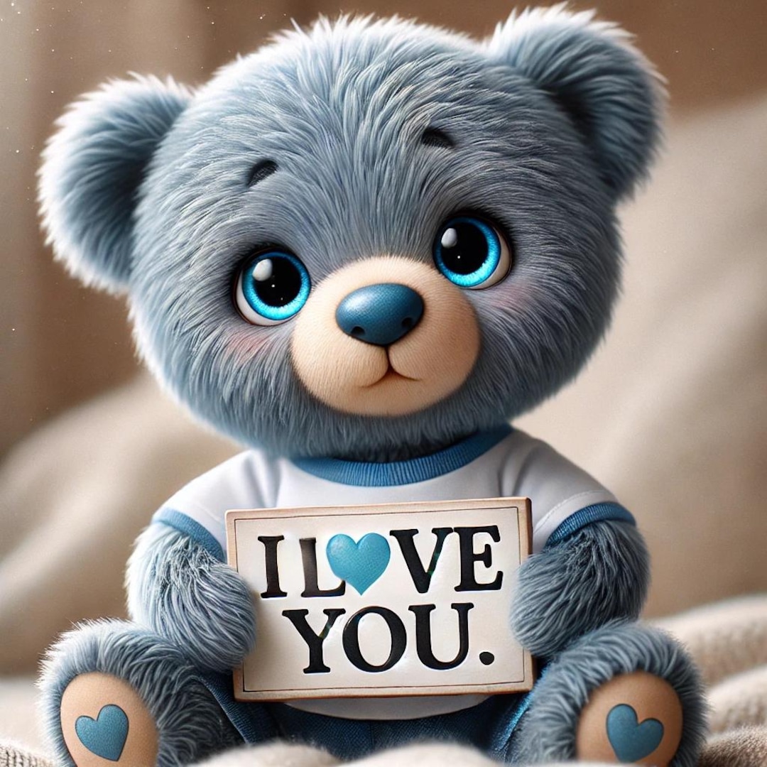 Blue Teddy Bear 'I Love You' Sign – Valentine's Day Card (PNG PDF