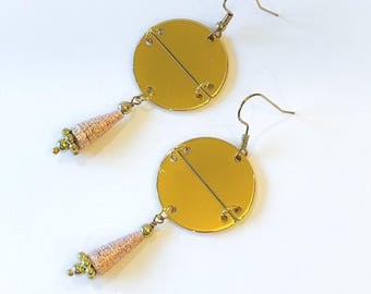 Handmade gold-tone disc earrings with pink paper bead drops, dangle earrings: Lightweight drop jewelry perfect for first year anniversary