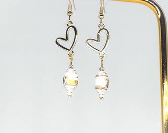 Gold heart dangle earrings: Handmade paper bead jewelry for first year anniversary or Valentine's Day
