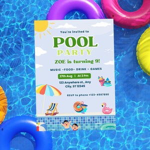 Pool Party Invitation Template, Pool Birthday Party, Summer Birthday Party, Kids Pool Party, Editable Digital Template Instant Download