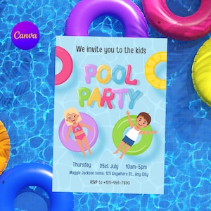 Pool Party Invitation Template, Pool Birthday Party, Summer Birthday Party, Kids Pool Party, Editable Digital Template Instant Download
