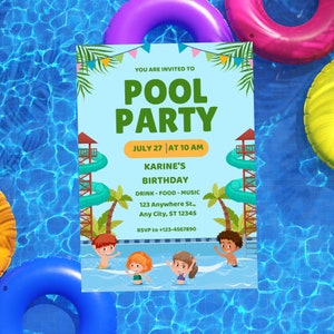 Pool Party Invitation Template, Pool Birthday Party, Summer Birthday Party, Kids Pool Party, Editable Digital Template Instant Download