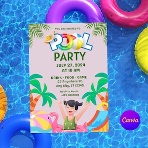 Pool Party Invitation Template, Pool Birthday Party, Summer Birthday Party, Kids Pool Party, Editable Digital Template Instant Download