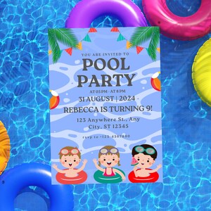 Pool Party Invitation Template, Pool Birthday Party, Summer Birthday Party, Kids Pool Party, Editable Digital Template Instant Download