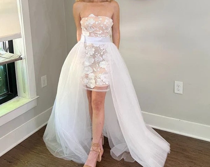 Modern Tulle Open Front Bridal Overskirt, Detach Train for Wedding ...