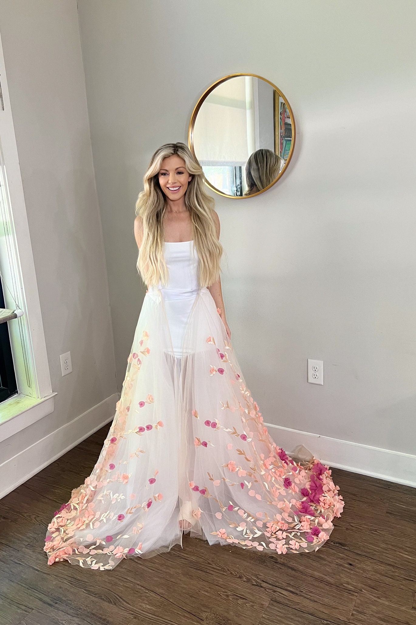 Pink Long Sleeve Wedding Dress with Detachable Train 3D Flowers