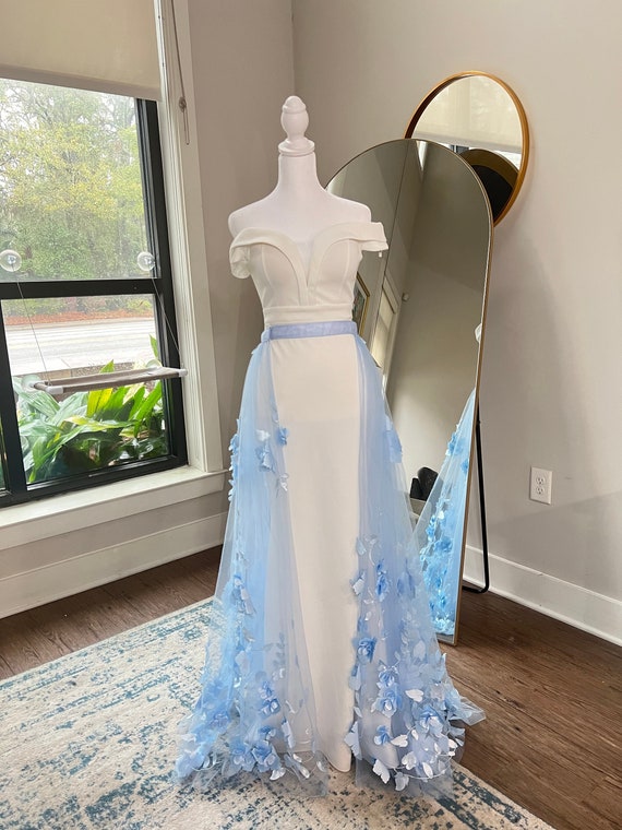 Something Blue Detachable Detachable Bridal Skirt, Blue 3D Flowers Detachable Wedding Train, Floral Bridal Overskirt