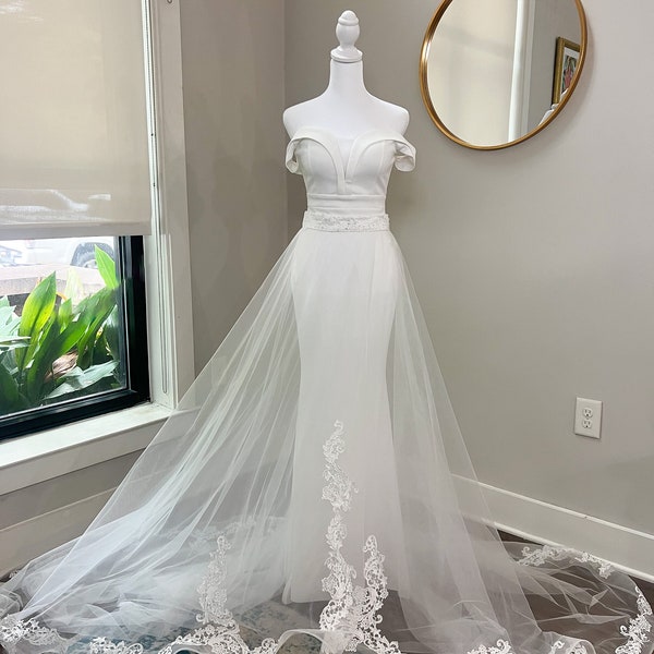 High Waist Embroidered Lace Sequin Trim Full Bridal Overskirt, Removable Maxi Floor Length Wedding Skirt, Wedding Overlay Skirt