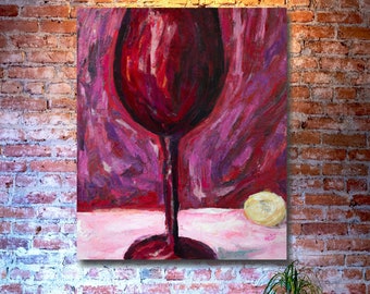 Still Life Painting Monet Style - Large Burgundy Wine Glass Artwork for Room Decor