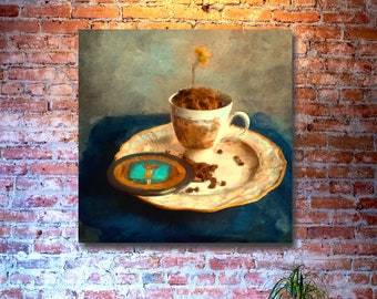 Saucer Coffee Cup Painting Wall Print | Porcelain Tea Plate | Espresso Cafe Theme Wall Art Picture by Printjumper AI