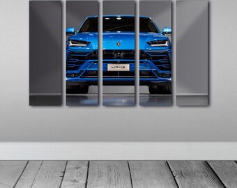 Blue Lambo Urus Wall Art on Canvas Panels - Sports Car Theme Wall Decor Set - Urus Picture Print Poster Painting by