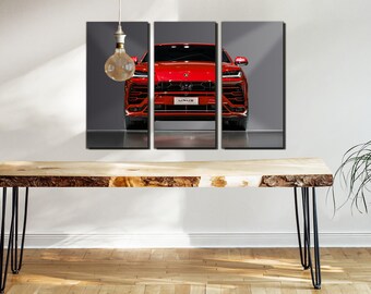Red Lambo Urus Wall Art Print - Sports Car Wall Decoration set - Red Lambo Picture on Canvas Panels - SUV Themed Sports Car Painting