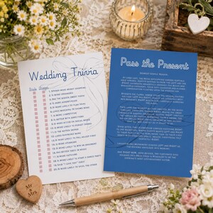 Wedding Games Bundle Printable, Hand Drawn Bow Set, Guess Who, Bingo, Pass the Present, Something Blue Bridal Shower Games, Canva Template