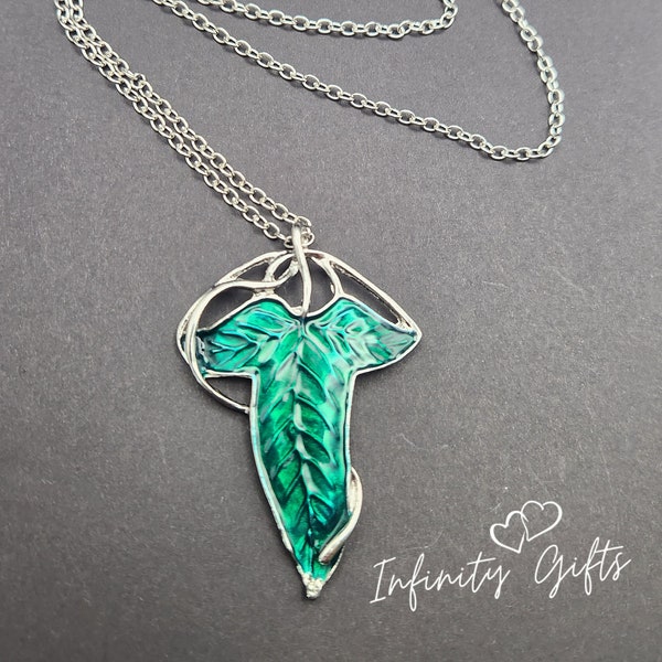 Elven Leaf of Lorien Green Fantasy Enamel Necklace Green & Silver Pendant Chain Jewellery Gift Bag