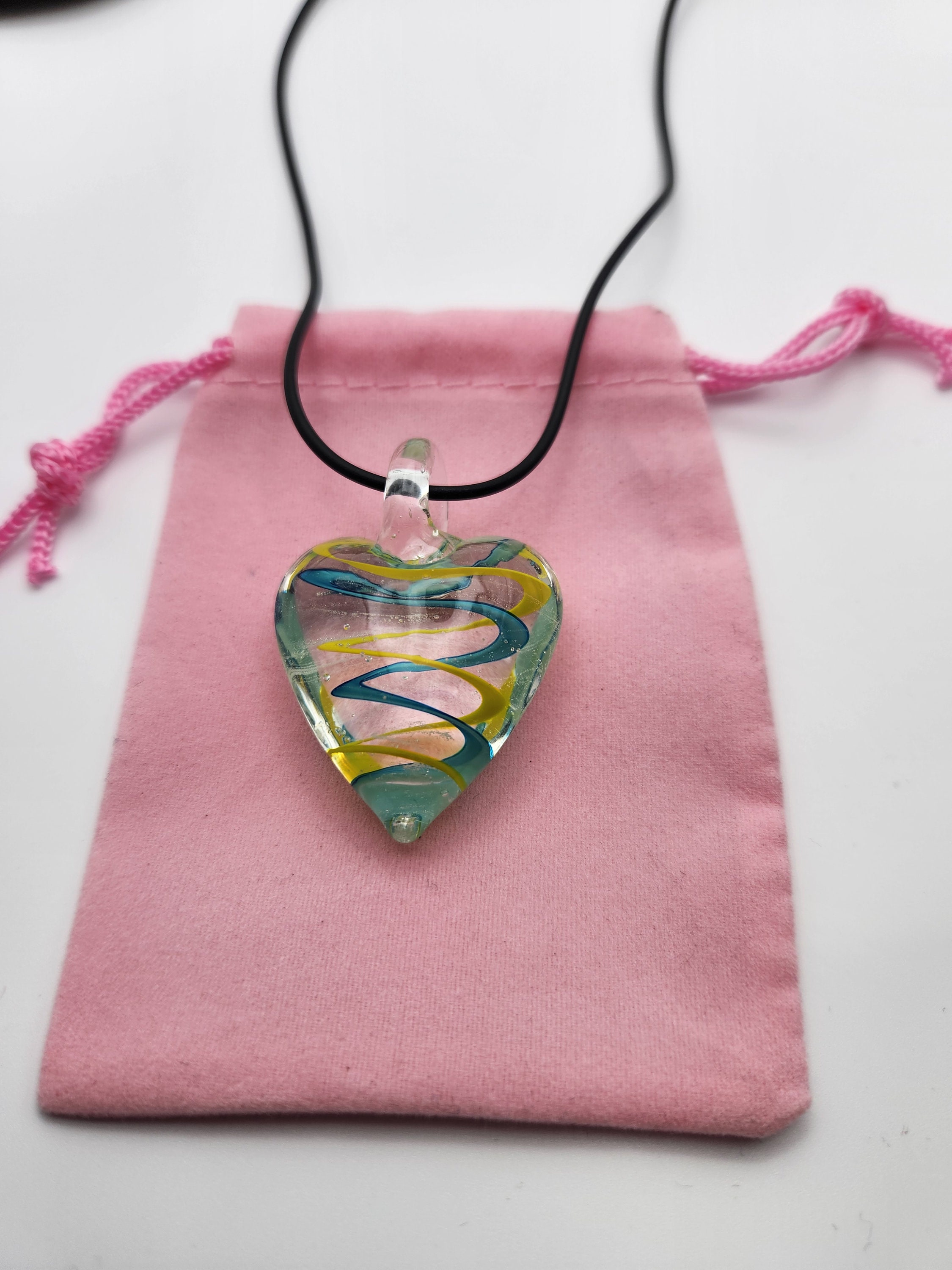 Murano Glass Heart Pendant Necklace Black Cord Necklace 6 Different