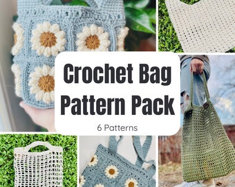 Crochet Pattern Pack PDF Digital Download Granny Square Flower Patterns Tote Bag Hand Bag Cross Body Purse Gifts Crochet Tote Bag Pattern