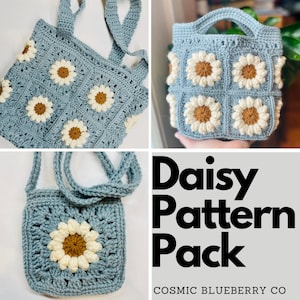 Daisy Crochet Pattern Packung mit drei Mustern PDF Digitaler Download Grandma Square Blumenmuster Tragetasche Handtasche Cross Body Geldbörse Geschenke