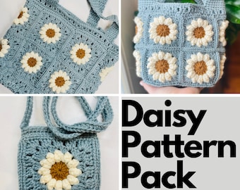 Daisy Crochet Pattern Pack of Three Patterns PDF Digital Download Granny Square Flower Patterns Tote Bag Hand Bag Cross Body Purse Gifts