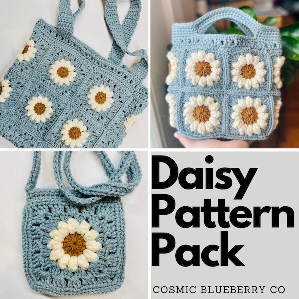 Daisy Crochet Pattern Pack of Three Patterns PDF Digital Download Granny Square Flower Patterns Tote Bag Hand Bag Cross Body Purse Gifts