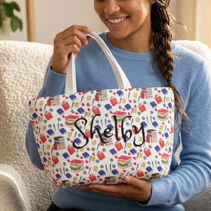 Stacked Books Pattern Lunch Bag | Personalized Name Lunch Box, Lunch Bag, Colorful School Print