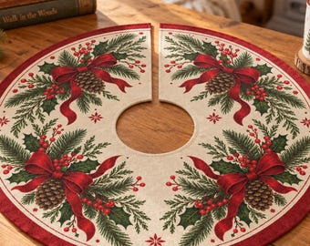 May include: A circular cream-colored fabric tree skirt featuring a repeating pattern of green pine branches, brown pinecones, red berries, and red bows. The design includes a central opening and a slit, finished with a solid red border.