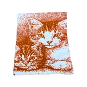 Puede incluir: Una manta blanca con un estampado naranja de dos gatitos. Los gatitos miran al espectador con los ojos abiertos. La manta está hecha de un material suave y peludo.
