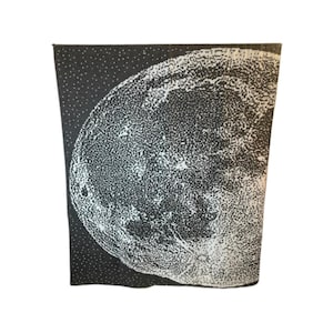 以下が含まれることがあります： 星空を背景に、点描テクスチャの白黒グラフィックの月。 月は画像の中心にあり、詳細な表面があります。