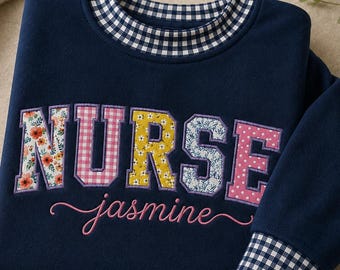 Unisex Gingham Mock Neck Sweatshirt, Custom Applique Name Pullover, Personalized Patchwork Text Crewneck, Collegiate Style Gift for Adults