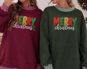 Christmas Glitter Applique Embroidered  Sweatshirt, Merry Christmas Crewneck, Gingham Trim Holiday Shirt, Festive Gift for Her