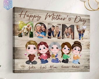 Mothers day gift for mom from daughter son, Custom Mother Children Cartoon Canvas with Pictures, Personalized mothers day canvas, Mama gift