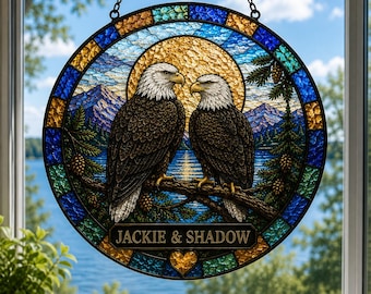 Jackie & Shadow Bald Eagle Stained Glass Suncatcher,  Fly High Jackie Memorial Gift, Wildlife Sun Catcher Decor