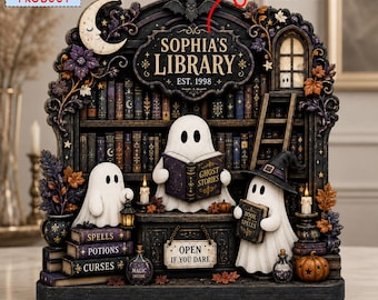 Personalized Ghost Library Wood Sign, 2D Halloween Bookshelf Decor, Spooky Book Lover Gift, Custom Name Haunted Library Shelf Stand