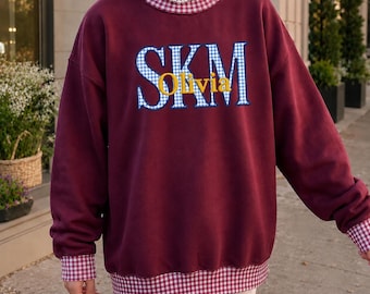 Personalized Initial Gingham Mock Neck Sweatshirt, Custom Name Monogram Applique Crewneck, Embroidered Initial Pullover