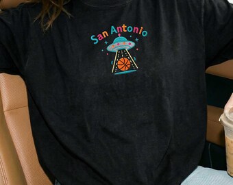 Comfort Colors® San Antonio Embroidered Shirt, UFO Basketball Tee, Texas Sports Tee, Alien Fan Gift