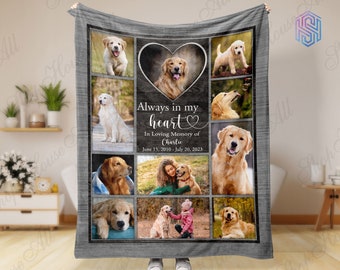 May include: A gray and white fleece blanket with a collage of photos of golden retrievers. The blanket has a heart-shaped frame around one of the photos and the text "Always in my heart" with the words "In Loving Memory of Charlie" and the dates "June 15, 2010 - July 20, 2023".