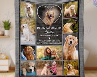 May include: A gray fleece blanket featuring a collage of golden retriever photographs. The center heart-shaped frame contains a dog portrait with the text IN LOVING MEMORY Charlie 09.15.2010-04.14.2023 NO LONGER BY OUR SIDE BUT FUREVER IN OUR HEARTS.