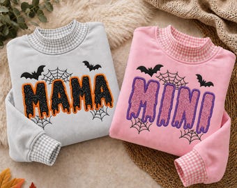Halloween Mama Mini Embroidered Sweatshirt, Matching Mom Gingham Crewneck, Spooky Bat Shirt, Glitter Applique Fall Gift