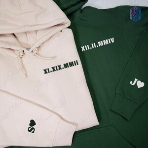 Valentine Gift for Boyfriend, Custom Embroidered Roman Numeral Hoodie, Personalized Anniversary Date Couple Hoodies, Initial On Sleeve
