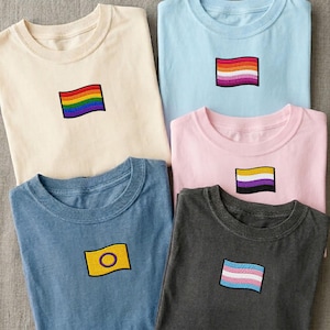 May include: Five crew neck t-shirts in various colors: cream, light blue, pink, blue-grey, and charcoal. Each shirt features a small embroidered flag representing different LGBTQ+ identities. The flags are in rainbow, lesbian, non-binary, intersex, and transgender designs.